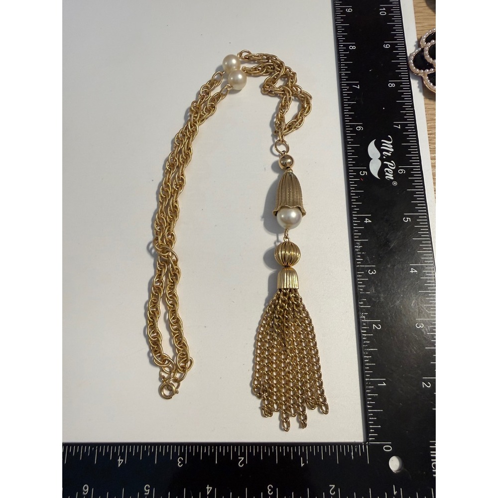 Vintage Gold Tone Tassel Necklace Faux Pearl Long Double Strand Chain Statement